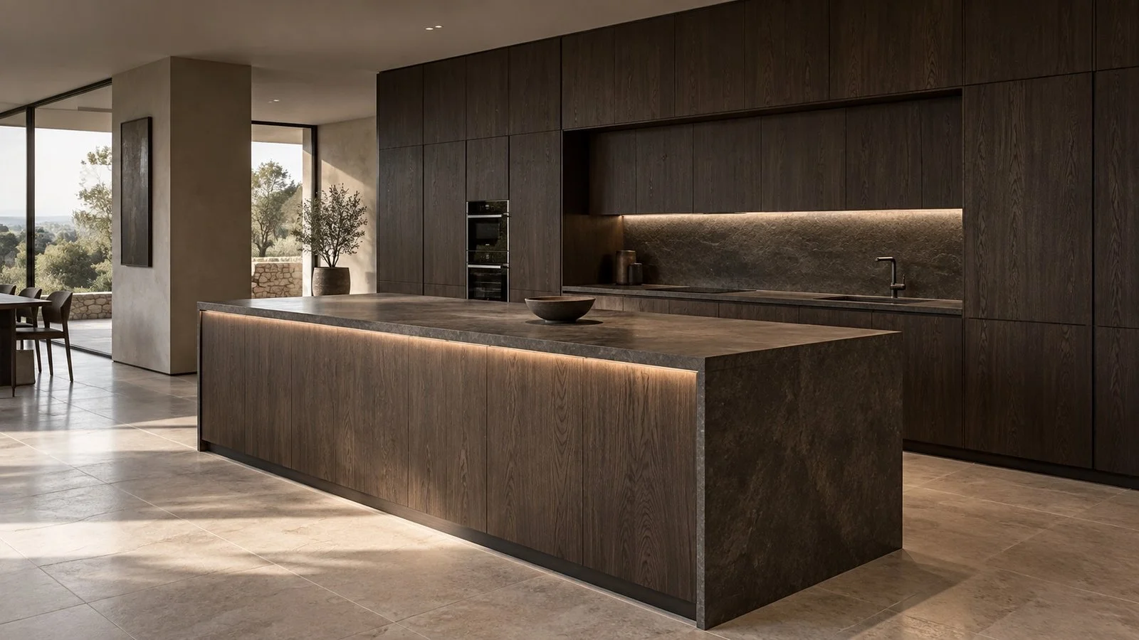 Concept de cuisine contemporaine en chêne foncé, îlot en pierre et éclairage intégré