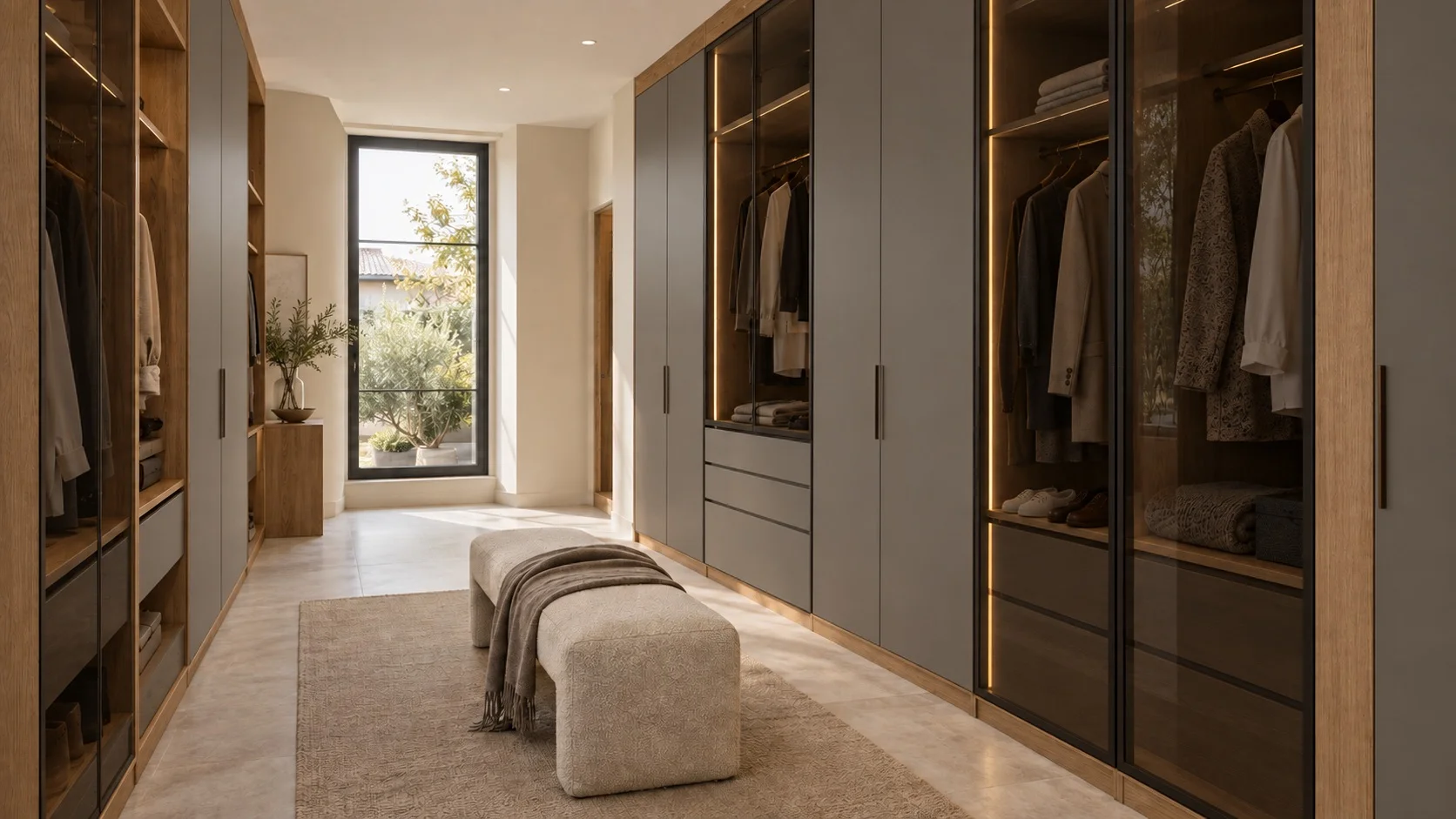Dressing en bois et gris mat avec portes en verre fumé et éclairage intégré